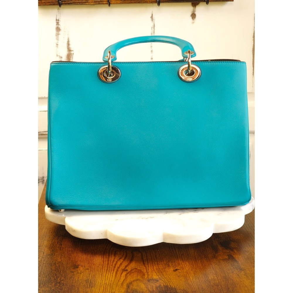 Christian Dior Diorissimo Turquoise Leather Tote Bag Silver Hardware with Pouch - Picture 3 of 16